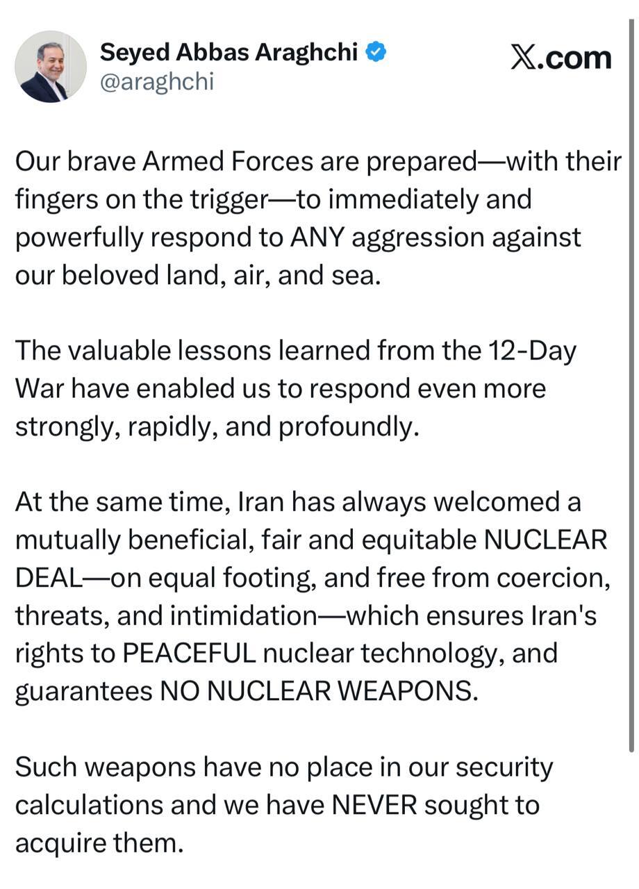 واکنش عراقچی به تهدید ترامپ واکنش عراقچی به تهدید ترامپ: نیروهای مسلح ما آماده پاسخ سریع و قاطع هستند