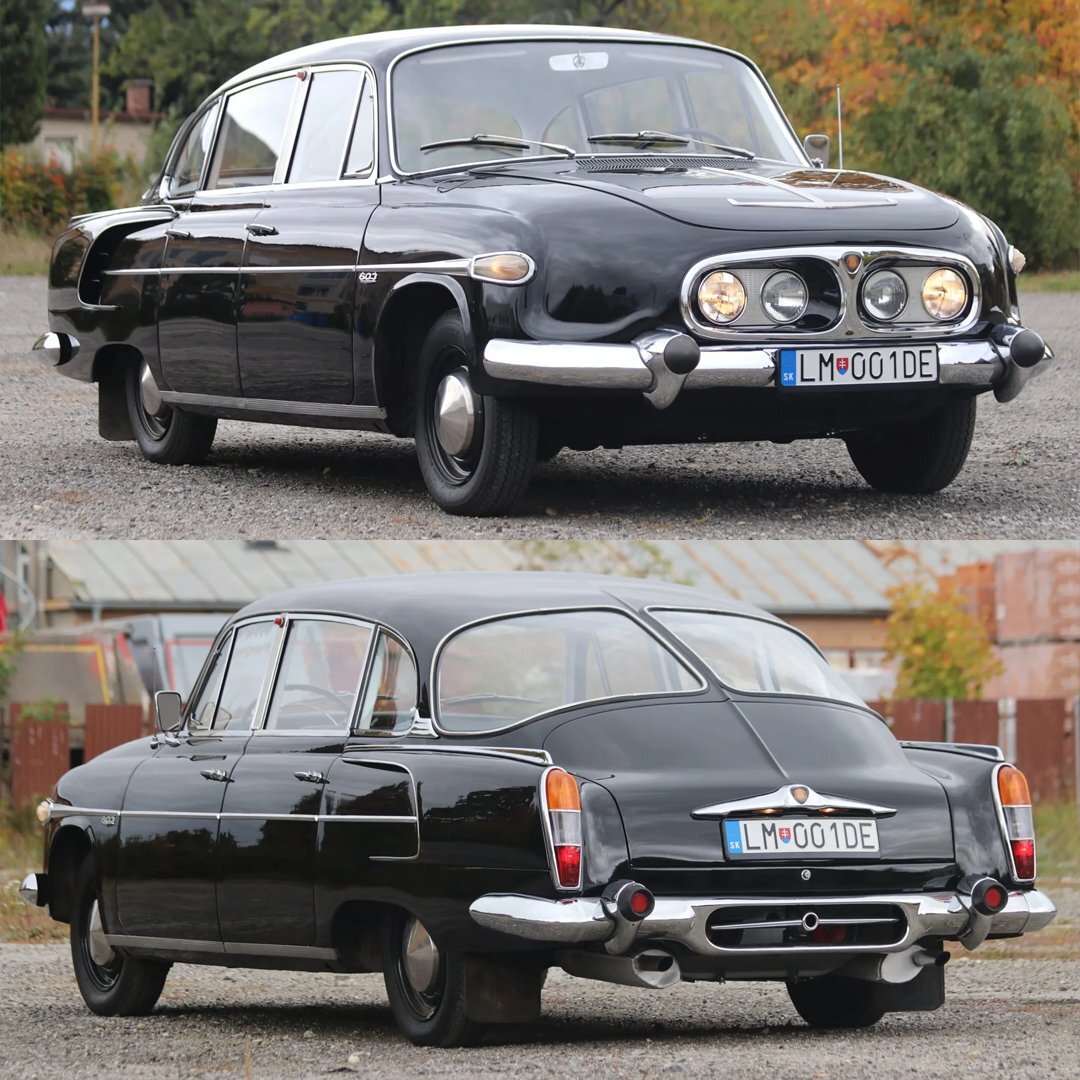 نمای جانبی خودروی مشکی کلاسیک تاترا ۲-۶۰۳ (Tatra 2-603) مدل ۱۹۶۷ بازسازی شده با طراحی آیرودینامیک و موتور عقب. نمای جانبی خودروی مشکی کلاسیک تاترا ۲-۶۰۳ (Tatra 2-603) مدل ۱۹۶۷ بازسازی شده با طراحی آیرودینامیک و موتور عقب.