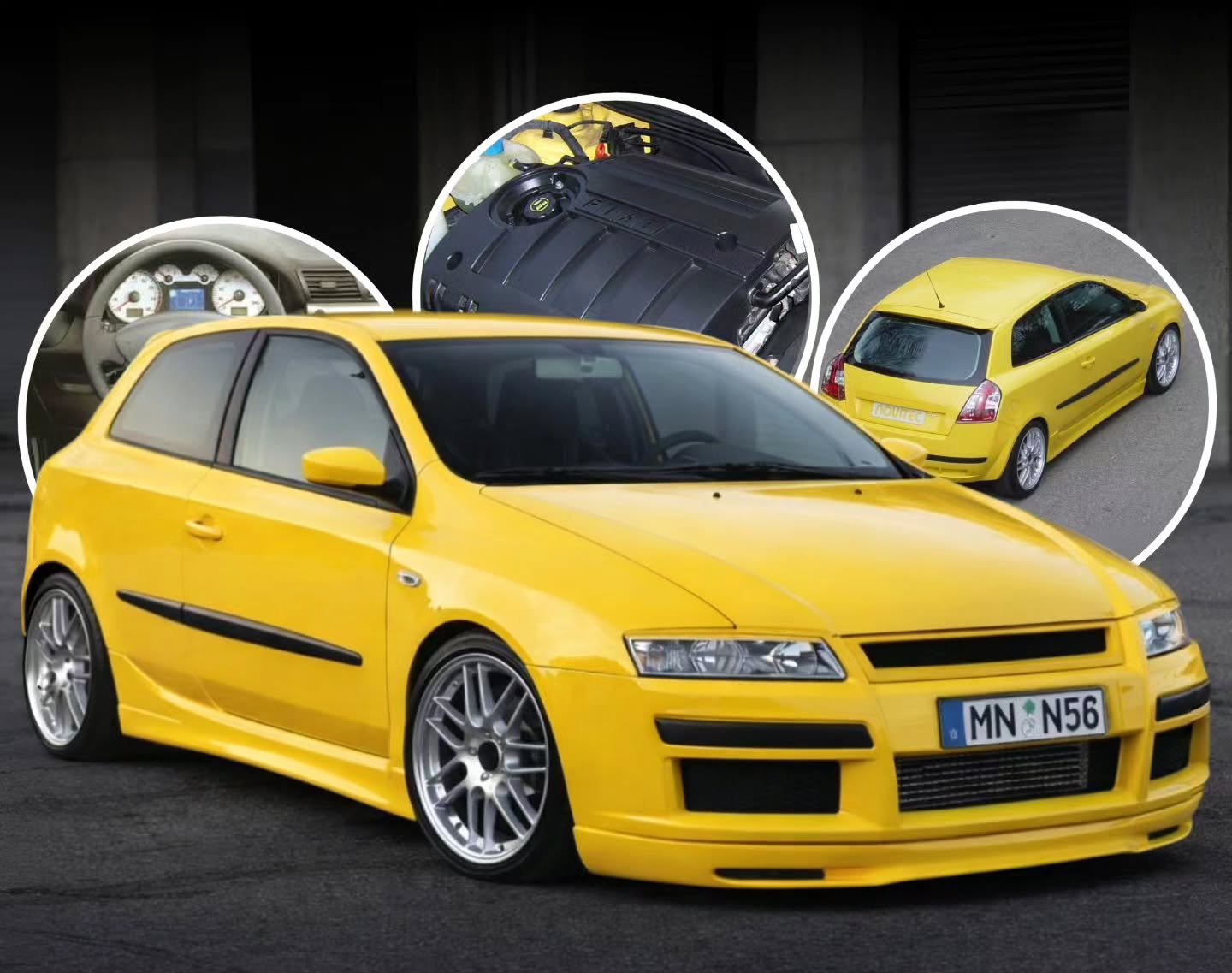 نمای بیرونی خودروی فیات استیلو ۲.۴ با کیت بدنه نوویتک، رینگ‌های ۱۸ اینچی و رنگ اختصاصی در جاده.