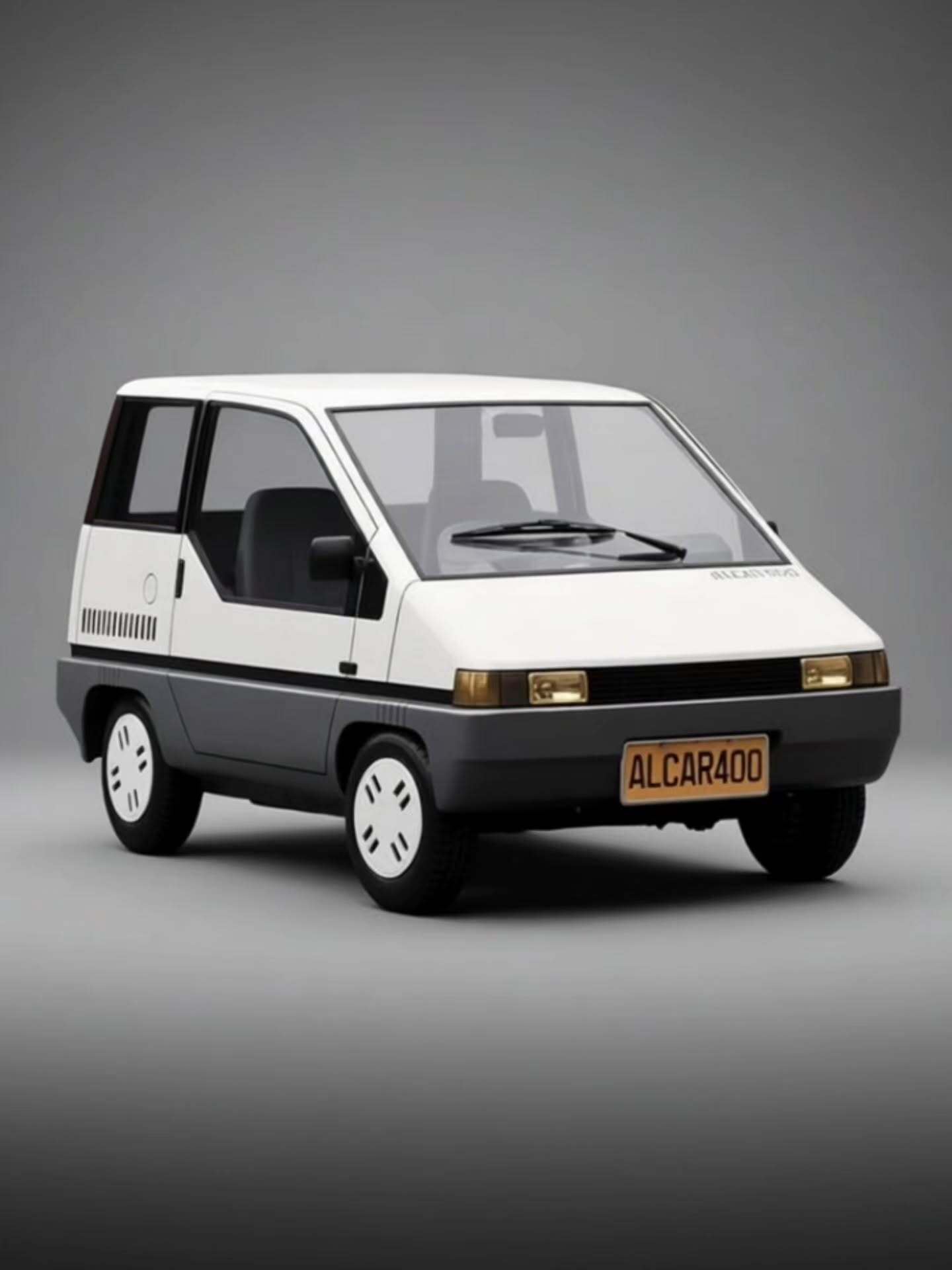 نمای کلی میکروخودرو آلکار ۴۰۰ مدل ۱۹۸۱ با بدنه دو رنگ و ابعاد کوچک ۲.۴ متری، طراحی شده توسط برادران هانسن در برزیل. نمای کلی میکروخودرو آلکار ۴۰۰ مدل ۱۹۸۱ با بدنه دو رنگ و ابعاد کوچک ۲.۴ متری، طراحی شده توسط برادران هانسن در برزیل.