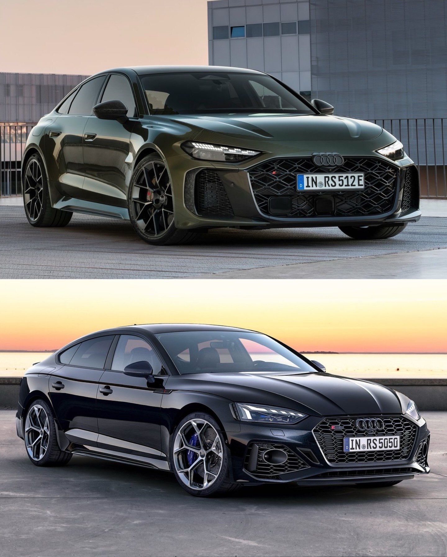 مقایسه نمای ظاهری آئودی RS5 نسل جدید (B10) و نسل قدیم (F5) با تمرکز بر جلوپنجره عریض و بدنه پهن در نسخه آوانت. مقایسه نمای ظاهری آئودی RS5 نسل جدید (B10) و نسل قدیم (F5) با تمرکز بر جلوپنجره عریض و بدنه پهن در نسخه آوانت.