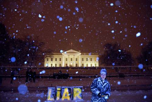 یک مخالف دونالد ترامپ در اعتراض به تعطیلی موقت دولت فدرال آمریکا در بیرون محوطه کاخ سفید در هوای سرد و برفی واشنگتن دی‌سی با شعار