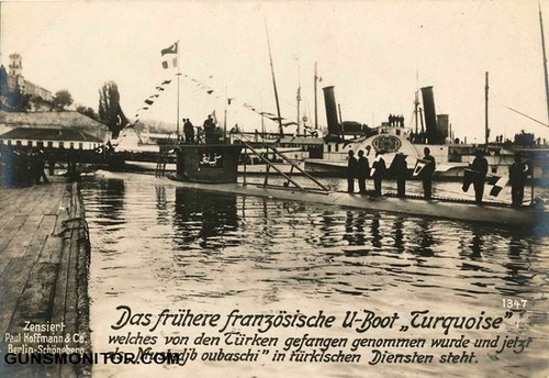 Turquoise زیردریایی فرانسوی که توسط عثمانی تصاحب شد و پس از آن تحت عنوان Mustedjb oubaschi به فعالیت نظامی خود ادامه داد