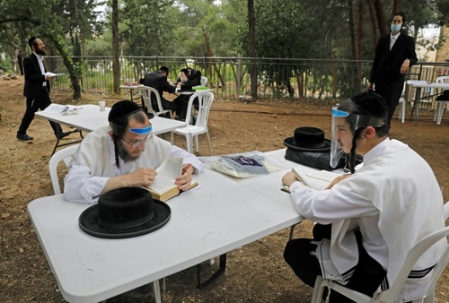 کلاس آموزش دروس دینی یهودیان ارتدوکس در فضای باز پارکی در شهر قدس/ خبرگزاری فرانسه