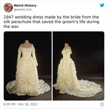 لباس عروس دوخته شده از چتر نجات ابریشمی که جان داماد را طی جنگ نجات داده بود، سال 1947. 