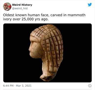 قدیمی‌ترین چهره انسان که بیش از 25 هزار سال پیش روی عاج ماموت شکل گرفته است. 