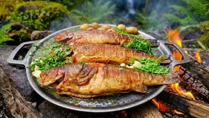 از رودخانه تا سفره؛ طرز پخت قزل‌آلای تازه کنار آتش هیزمی